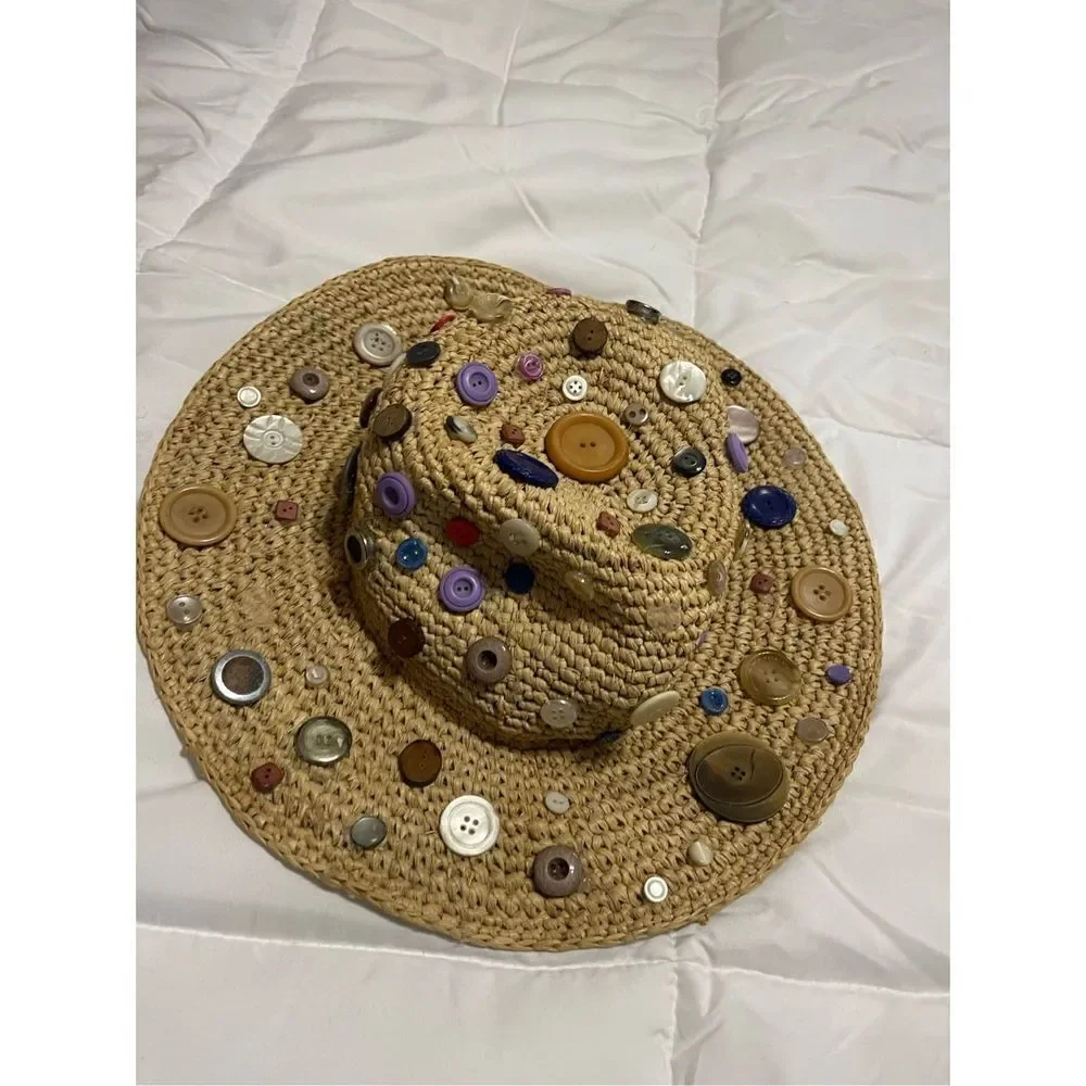 Button Straw Hat Hippie Boho Chic Small Medium